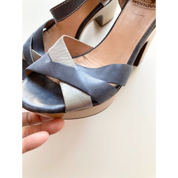 WONDERS Slate Blue Leather Iridescent Grey Patent Strappy Clog Sandals, Size 37 - Picture 5 of 14
